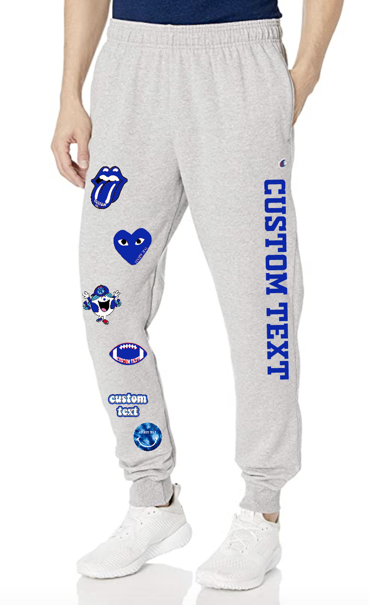 Champion Sweatpants with School Name Down Leg and Patches Down the Other