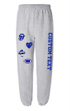 Comfy 50% cotton, 50% poly sweats are comfy and durable with drawstring elastic waist and elastic bottoms.  Jerzees brand. tend to run large  Add custom text at checkout