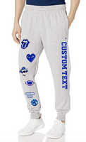 Champion brand cozy sweats with elastic waist band and elastic cuffs.  Made of heavy premium cotton blend.  Champion logo on leg. Sizes tend to run true to size.  Add custom text at checkout