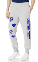 Champion brand cozy sweats with elastic waist band and elastic cuffs.  Made of heavy premium cotton blend.  Champion logo on leg. Sizes tend to run true to size.  Add custom text at checkout