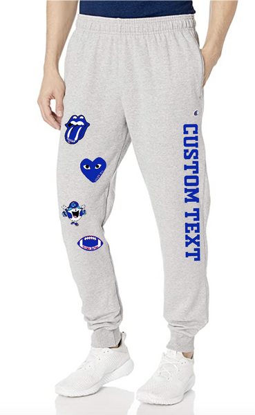 Champion Sweatpants with School Name Down Leg and Patches Down the Oth