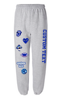 comfy sweats with custom text down 1 leg and 6 patches down the other. 50% cotton, 50% poly for comfort & durability. Gildan brand, tends to run large