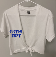 100% heavy cotton by Gildan. Hand cut slit with tie for sorority/tailgating parties.  Add your custom text at check out.