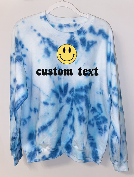 Smiley Face and Retro Text Tie Dye Crewneck Sweatshirt