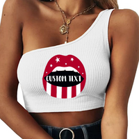 Sleeveless ribbed 1 shoulder crop top. 95% cotton., 5% spandex.  Hand wash.  Add your custom text  at checkout