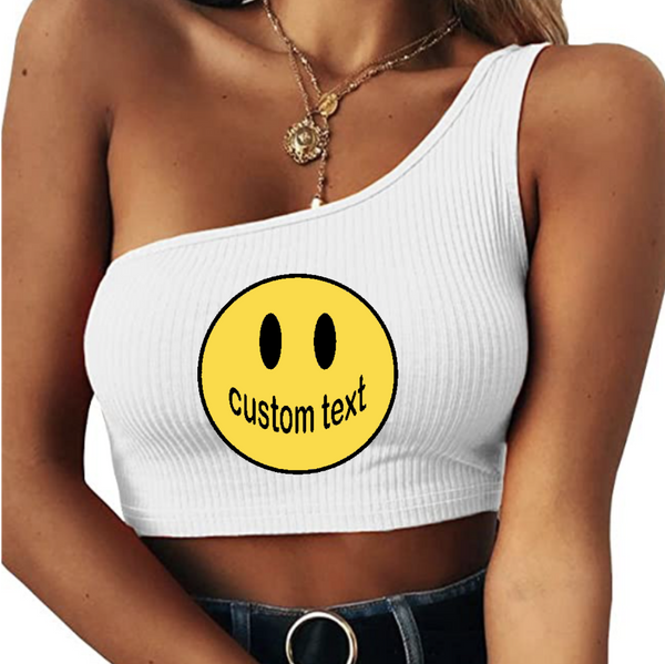 Sleeveless ribbed 1 shoulder crop top. 95% cotton., 5% spandex.  Hand wash.  Add your custom text  at checkout