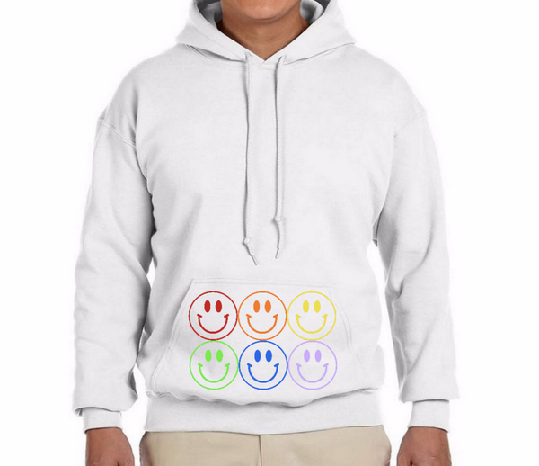 6 Rainbow Smiley Faces on Pocket Hoodie