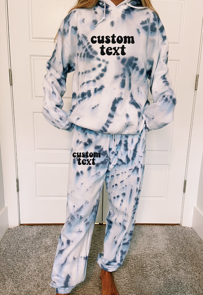 Two piece set Hoodie & Sweatpants in heavy 50% cotton, 50% poly for comfort & durability. Hand tie dyed in spiral design.  Gildan brand hoodie, Jerzees brand sweatpants.  picture shows navy tie dye sweats size SMALL and a MEDIUM hoodie  Add your custom text at checkout