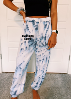 Tailgate Sweatpants in heavy 50% cotton, 50% poly for comfort & durability. Hand tie dyed in spiral design.  Jerzees brand sweatpants. Unisex, tend to run large.  picture shows navy tie dye sweats size SMALL  Add your custom text at checkout