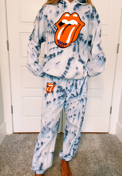 Two piece set Hoodie & Sweatpants in heavy 50% cotton, 50% poly for comfort & durability. Hand tie dyed in spiral design.  Gildan brand hoodie, Jerzees brand sweatpants.  picture shows navy tie dye sweats size SMALL and a MEDIUM hoodie  Add your custom text at checkout