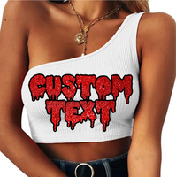 Sleeveless ribbed 1 shoulder crop top. 95% cotton., 5% spandex.  Hand wash.  Add your custom text  at checkout