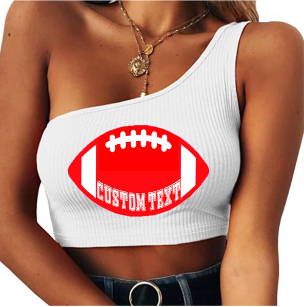 Sleeveless ribbed 1 shoulder crop top. 95% cotton., 5% spandex.  Hand wash.  Add your custom text  at checkout