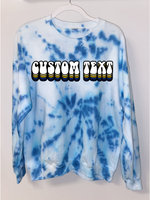 Tailgate/Sorority Crewneck in 50% cotton, 50% poly, for comfort & durability by Gildan.  Hand made exceptional spiral tie dye  Add custom text at checkout