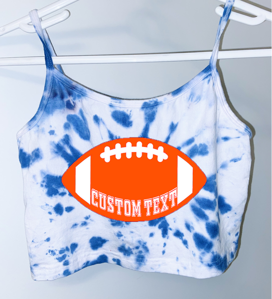 Tailgate/Sorority tank top in 95% cotton, 5% spandex for form fitting  style and holds it shape.  Exception spiral hand made tie dye.  Add custom text at checkout