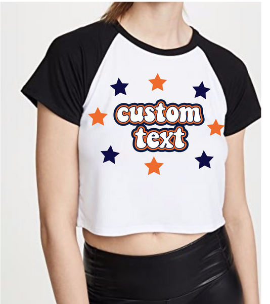 100% combed cotton.  Raglan sleeves cut for stylish tailgating. Can be cropped or super cropped to your style.  ALL BELLY BUTTON LENGTH CROPPED UNLESS SPECIFIED OTHERWISE  Add custom text at checkout