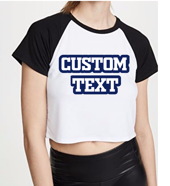 100% combed cotton.  Raglan sleeves cut for stylish tailgating. Can be cropped or super cropped to your style.  ALL BELLY BUTTON LENGTH CROPPED UNLESS SPECIFIED OTHERWISE  Add custom text at checkout