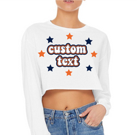 Super cute.  Can be cropped to belly button or super cropped to suit your tailgating/Sorority style. 100% combed heavy cotton by Gildan.  Add your custom text at checkout  