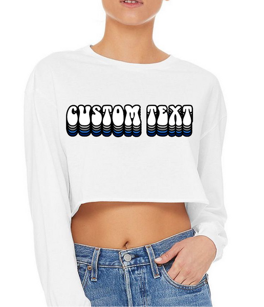 Super cute.  Can be cropped to belly button or super cropped to suit your tailgating/Sorority style. 100% combed heavy cotton by Gildan.  Add your custom text at checkout  