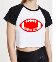 100% combed cotton.  Raglan sleeves cut for stylish tailgating. Can be cropped or super cropped to your style.  ALL BELLY BUTTON LENGTH CROPPED UNLESS SPECIFIED OTHERWISE  Add custom text at checkout