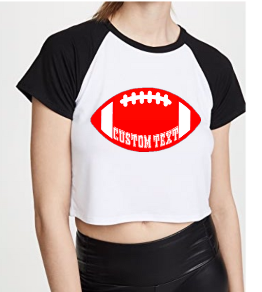 100% combed cotton.  Raglan sleeves cut for stylish tailgating. Can be cropped or super cropped to your style.  ALL BELLY BUTTON LENGTH CROPPED UNLESS SPECIFIED OTHERWISE  Add custom text at checkout