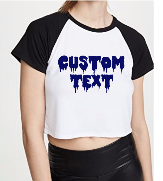 100% combed cotton.  Raglan sleeves cut for stylish tailgating. Can be cropped or super cropped to your style.  ALL BELLY BUTTON LENGTH CROPPED UNLESS SPECIFIED OTHERWISE  Add custom text at checkout