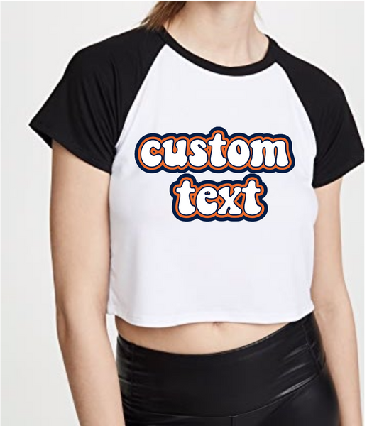 100% combed cotton.  Raglan sleeves cut for stylish tailgating. Can be cropped or super cropped to your style.  ALL BELLY BUTTON LENGTH CROPPED UNLESS SPECIFIED OTHERWISE  Add custom text at checkout