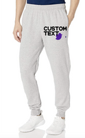 Comfy 50% cotton, 50% poly sweats are comfy and durable with drawstring elastic waist and elastic bottoms.  Jerzees brand. tend to run large  Add custom text at checkout